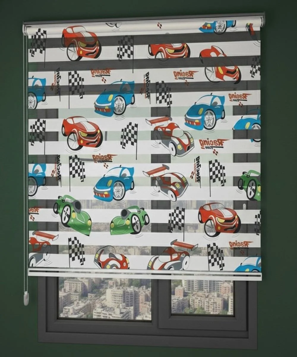 Çocuk Odası Racing Araba Desenli Zebra Perde